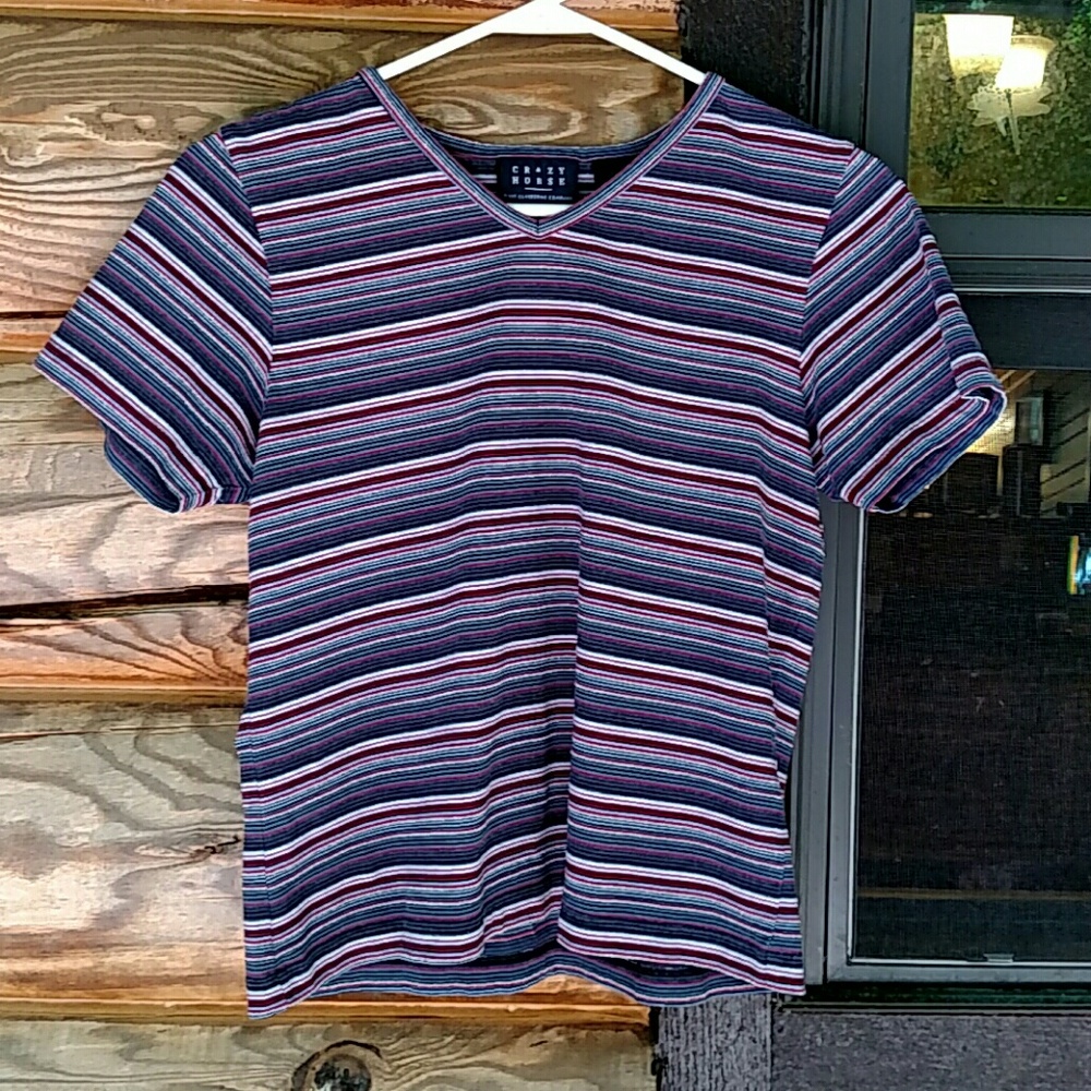 Red, white, blue, silver and black striped shirt!